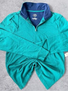 St. John's Bay Teal Quarter-Zip Sweater with Navy Collar